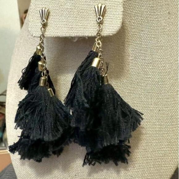 Ettika Black Fringe Dangle Earrings 18K Gold Plated, Nickel Free, Pierced Ears - Picture 3 of 5